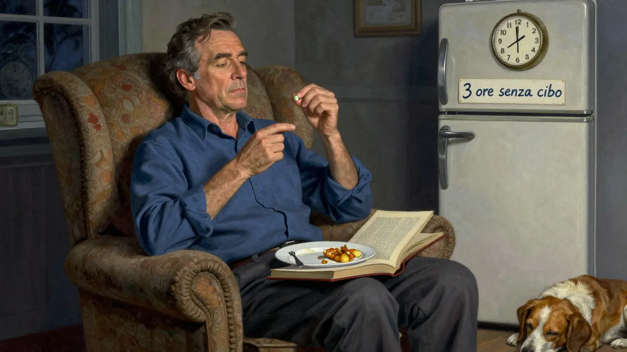 Un uomo prende la medicina per la tiroide alla sera, dopo cena, in un ambiente tranquillo e ben organizzato.