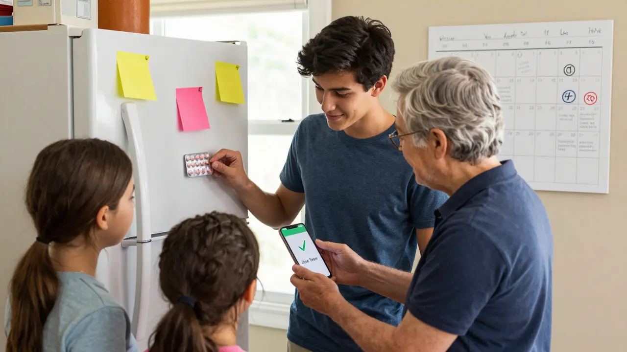 Una famiglia si riunisce al frigorifero con un organizer settimanale e un'app per le medicine.