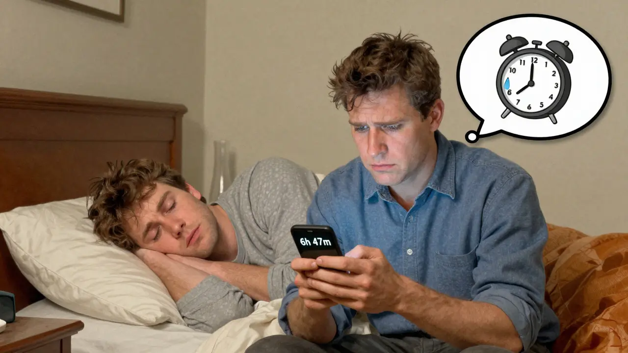 Uomo che guarda i dati del sonno sul telefono, mentre la compagna dorme serenamente, con un palloncino di pensiero che mostra un orologio che piange.