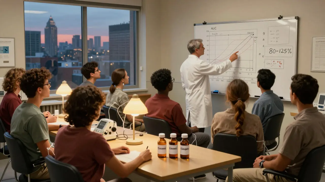 Volontari in un trial clinico con grafici complessi sullo sfondo, in un ambiente da laboratorio caldo e umano.