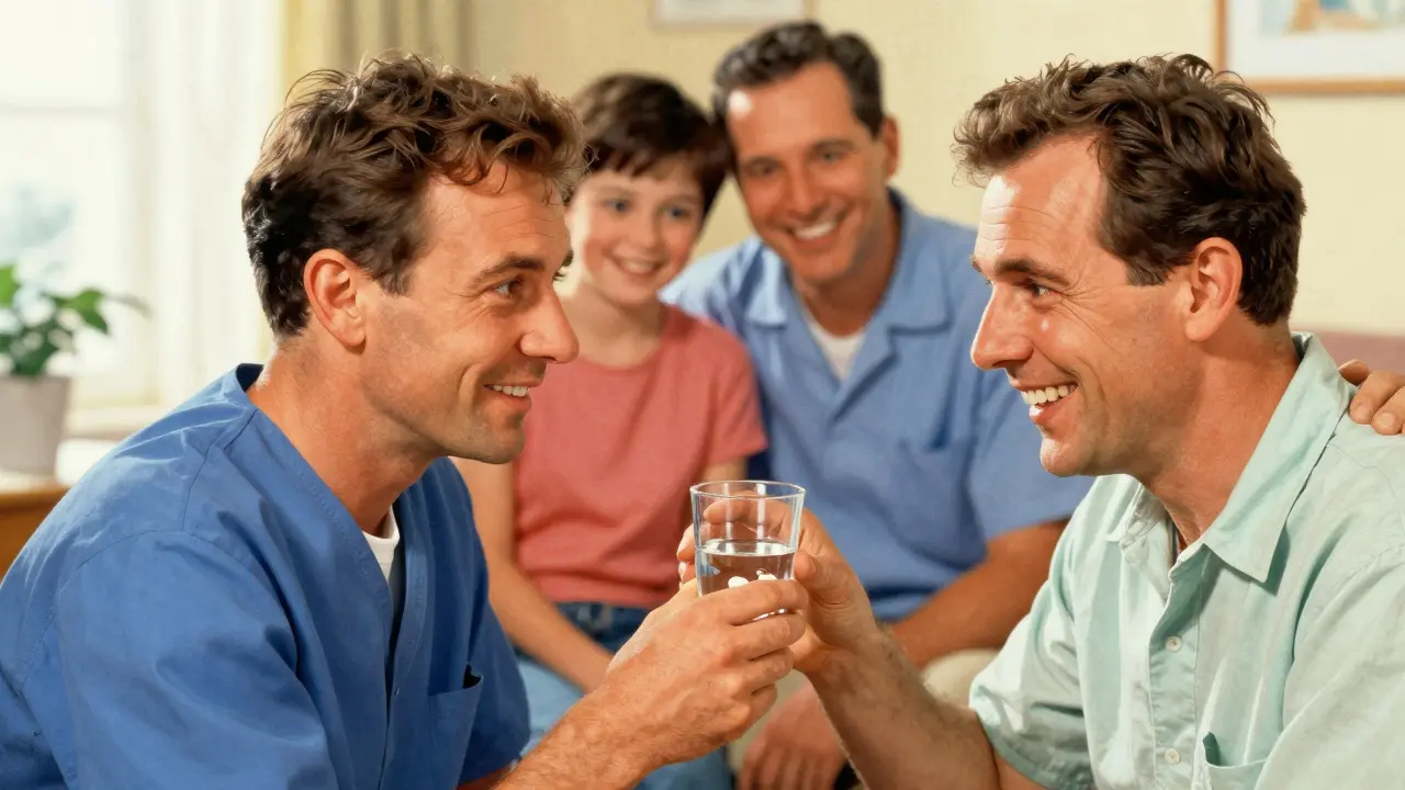 Paziente che assume farmaci con supporto familiare e luce speranzosa.