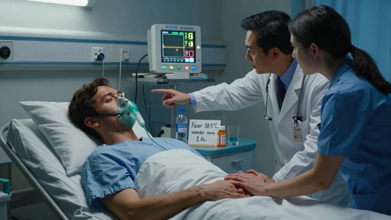 Paziente in pronto soccorso con livelli elevati di chetoni, bottiglia vuota di farmaco e nota scritta a mano.