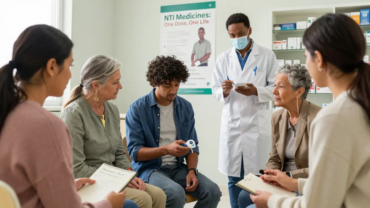 Pazienti in una clinica discutono di farmaci NTI, con un poster che li informa sulla loro importanza.