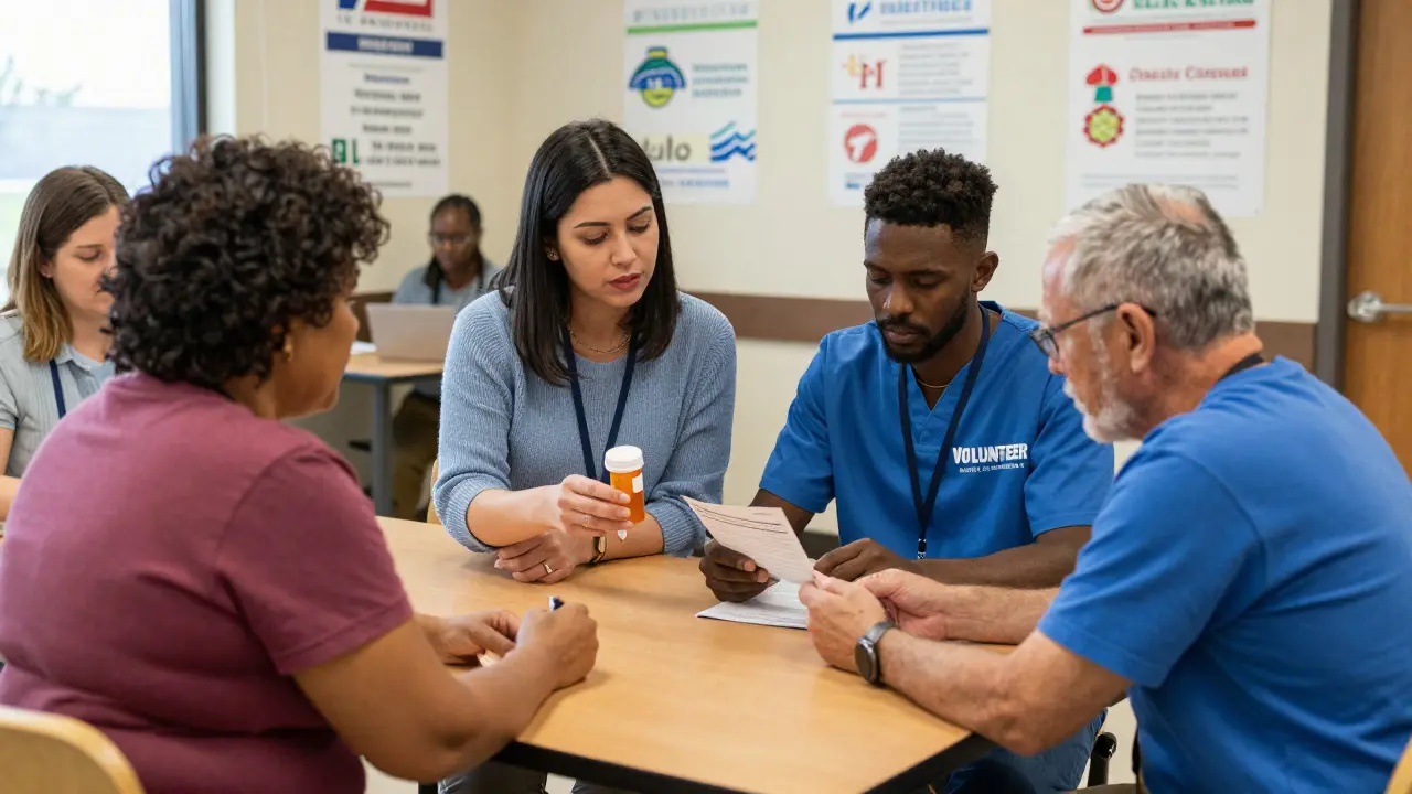 Pazienti ricevono aiuto in un centro comunitario, circondati da volontari e loghi di organizzazioni di sostegno.