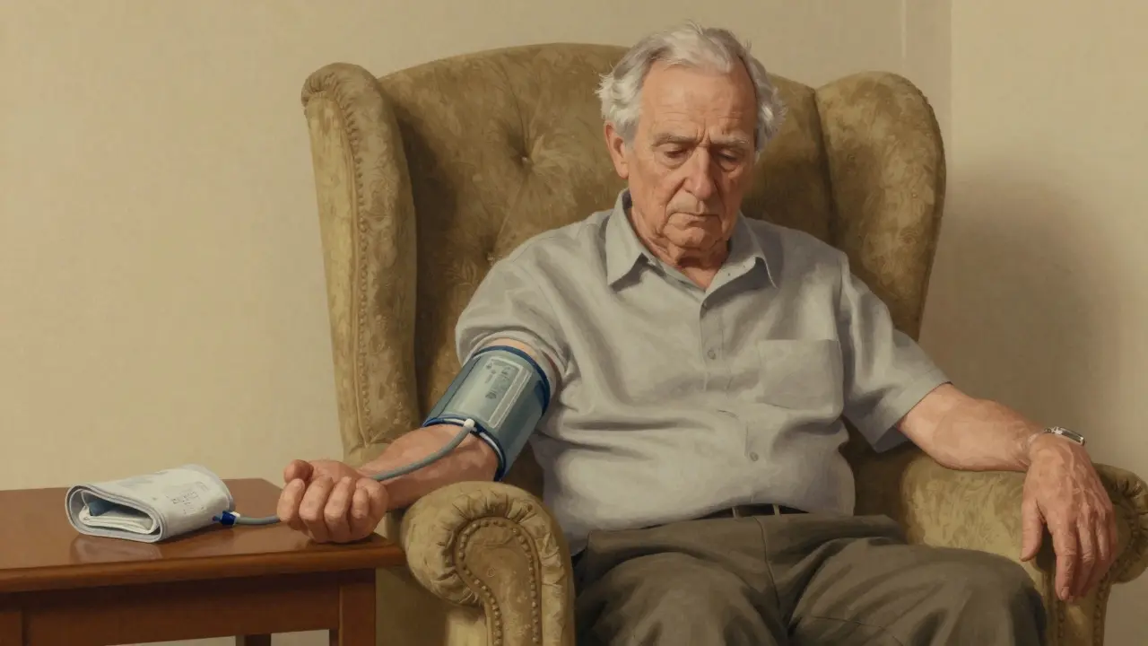 Persona stancha con misuratore di pressione su un tavolo laterale.