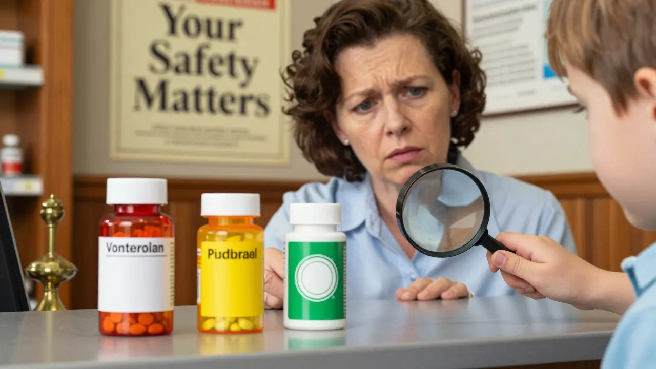 Tre flaconi di farmaci con etichette colorate su un banco di farmacia, un bambino li osserva con una lente d'ingrandimento.