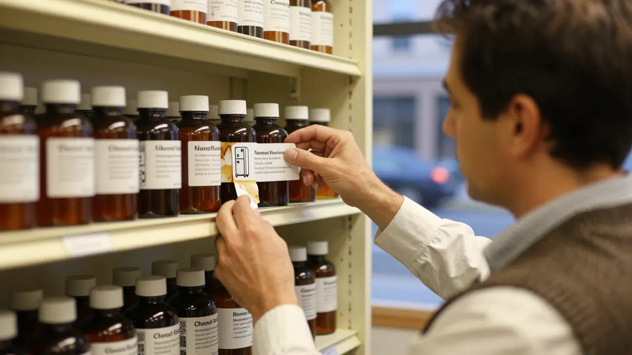 Un farmacista applica un'etichetta con icona del frigorifero a un paziente che non parla inglese, in una farmacia accogliente.