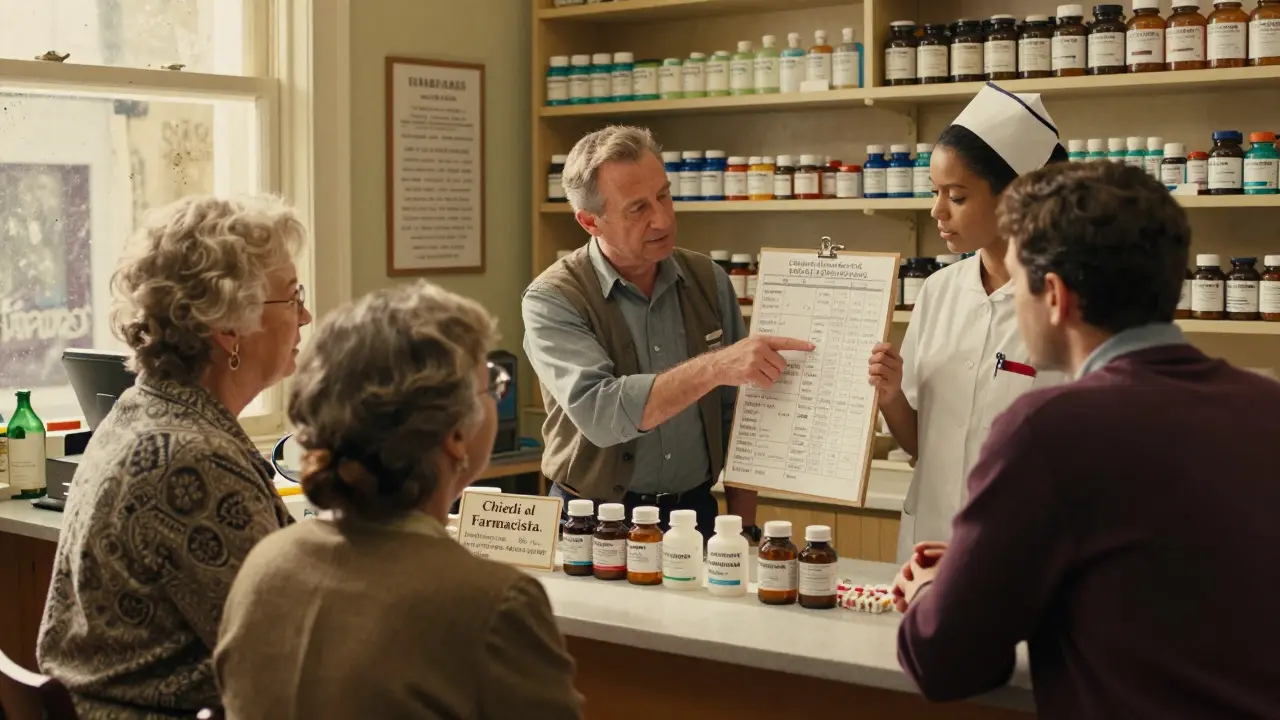 Un farmacista italiano spiega le interazioni farmacologiche a un gruppo di pazienti in una farmacia accogliente.