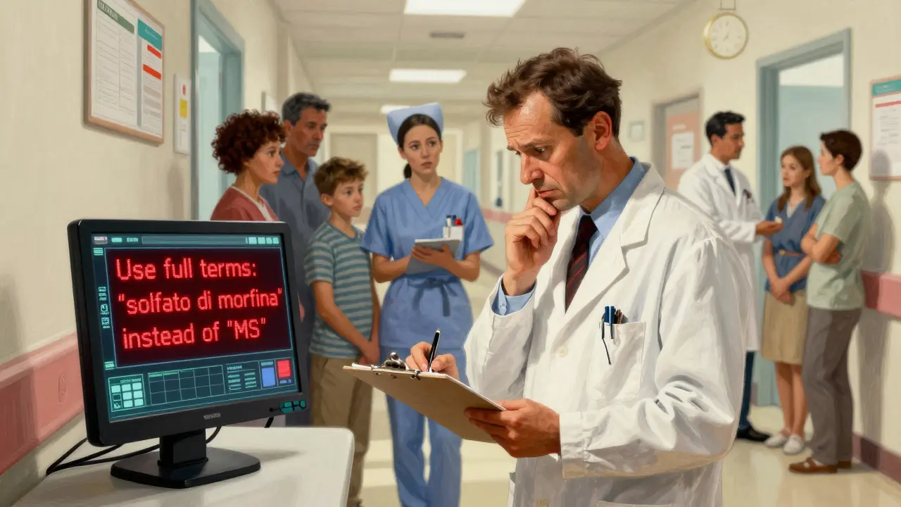 Un medico esita a scrivere 'MS' in una prescrizione mentre uno schermo elettronico avverte di usare il termine completo, in uno stile illustrativo realista.