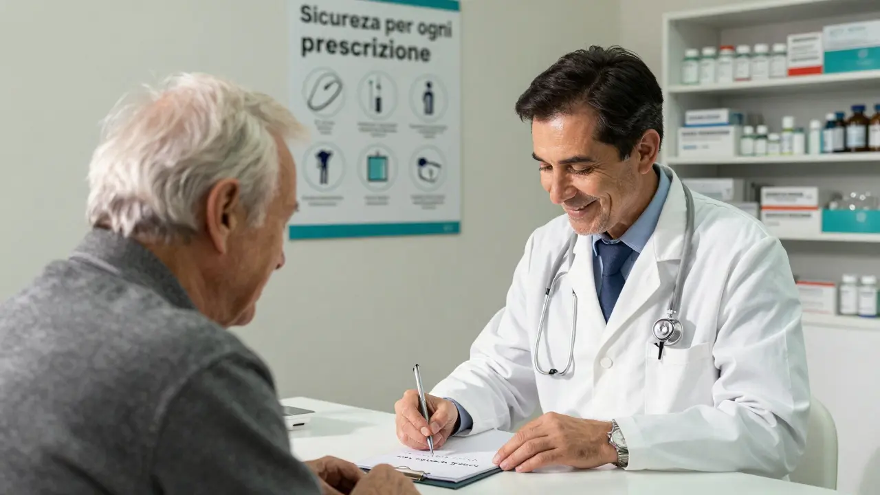Un medico scrive chiaramente 'una volta al giorno' per un paziente anziano, mentre un farmacista annuisce, in uno stile illustrativo caldo e umano.