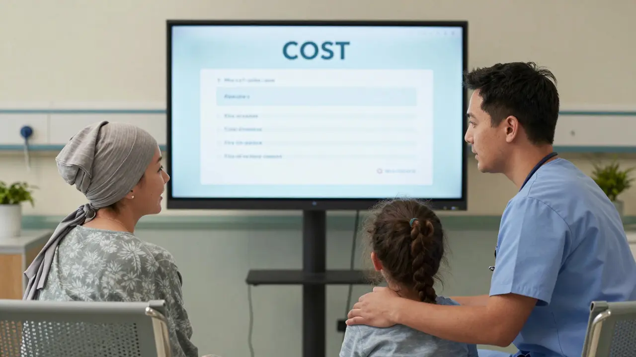 Un navigatore finanziario parla con un paziente e il suo bambino in una sala d'attesa ospedaliera.