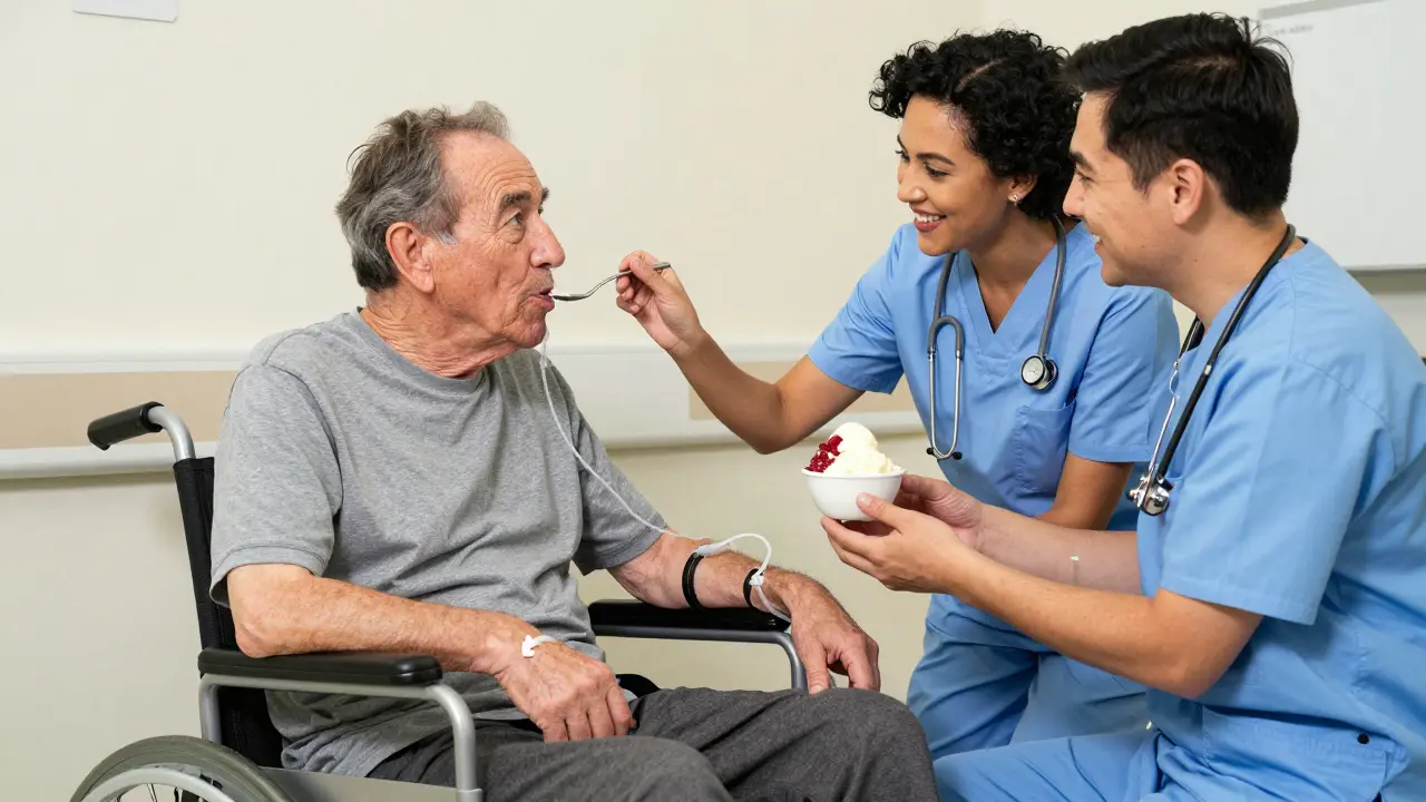 Un paziente con ALS gusta un gelato mentre un operatore sanitario regola un tubo PEG, in un ambiente accogliente.