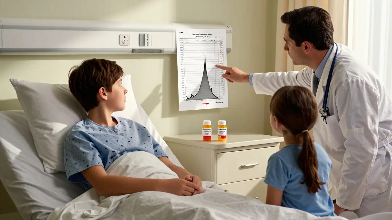 Un paziente post-trapianto osserva un esame del sangue anomalo accanto a due bottiglie di farmaci generici diversi.