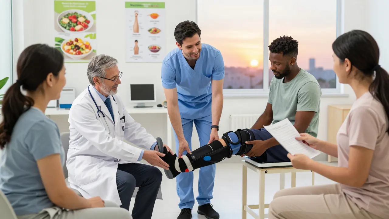 Un team medico guida pazienti con CKD a usare calze di compressione, controllare il peso e seguire una dieta.