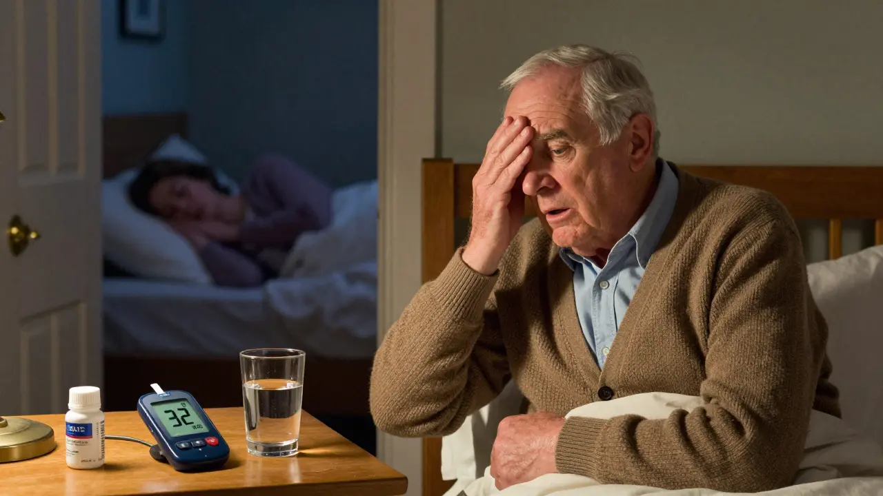 Un uomo anziano si sveglia di notte, confuso, mentre il suo misuratore di glucosio segnala un valore pericolosamente basso.