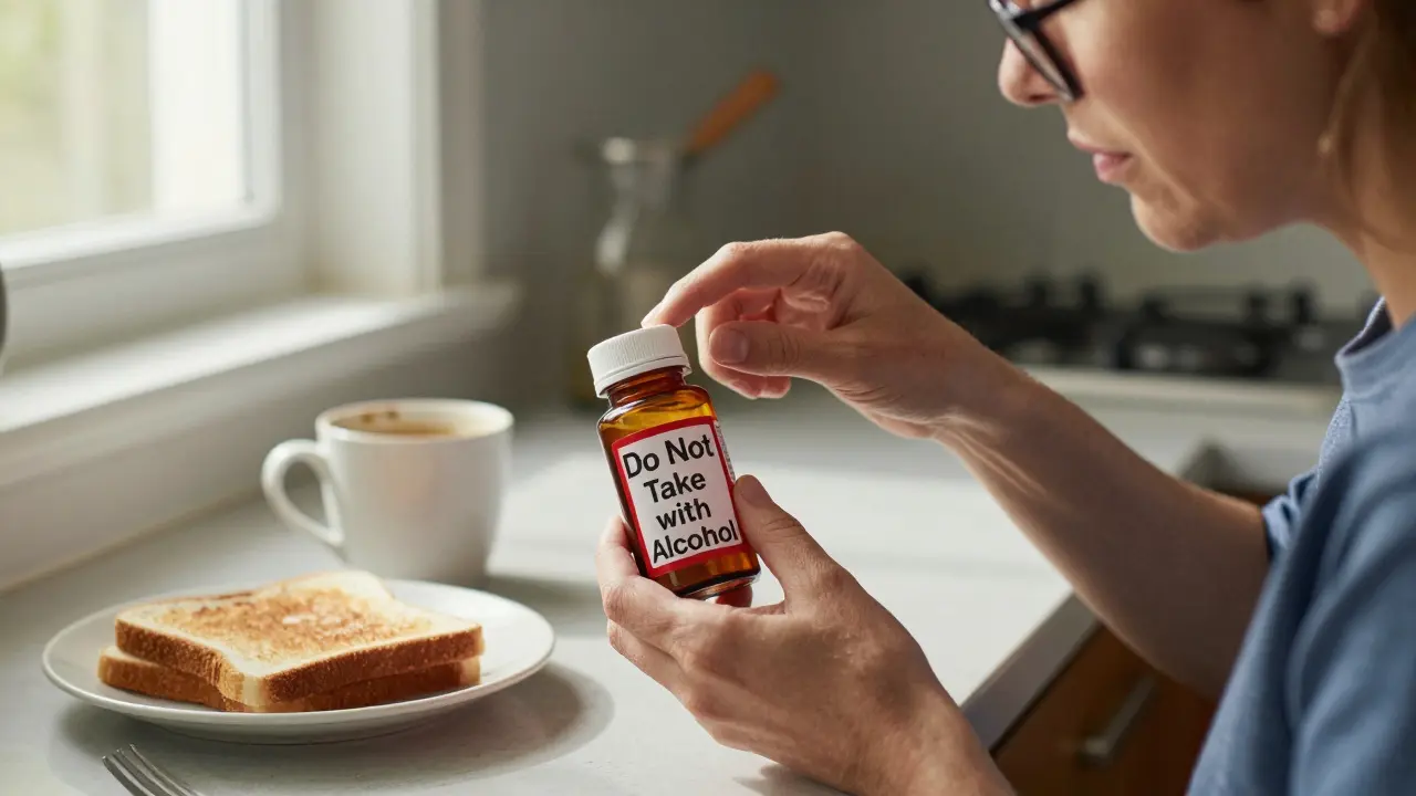 Una donna in cucina esita davanti a un'etichetta rossa sul farmaco che avverte di non assumere con alcol, durante la colazione.