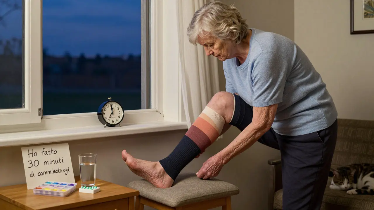 Una donna solleva le gambe a casa con calze di compressione, in un momento calmo di cura personale al tramonto.