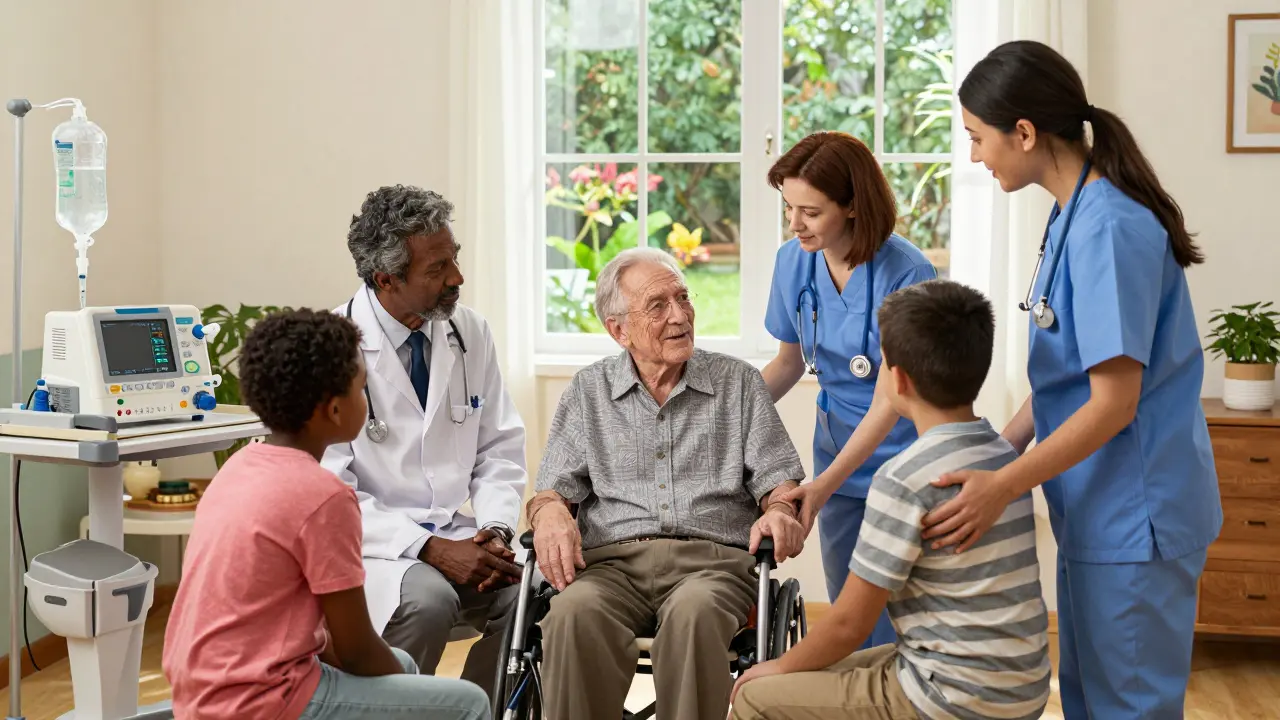 Una squadra medica supporta una famiglia con ALS in una clinica calda e umana, con dispositivi di ventilazione e alimentazione visibili.