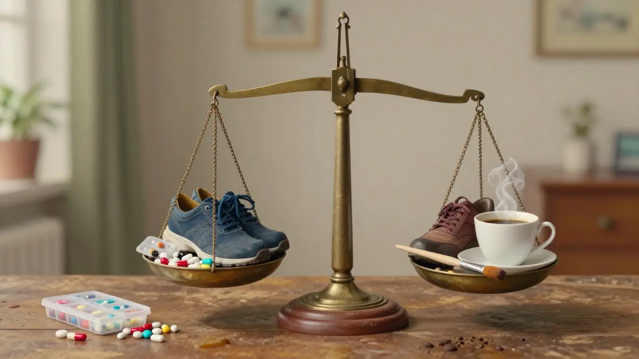 Bilancia che equilibra farmaci e simboli di una vita attiva e felice.