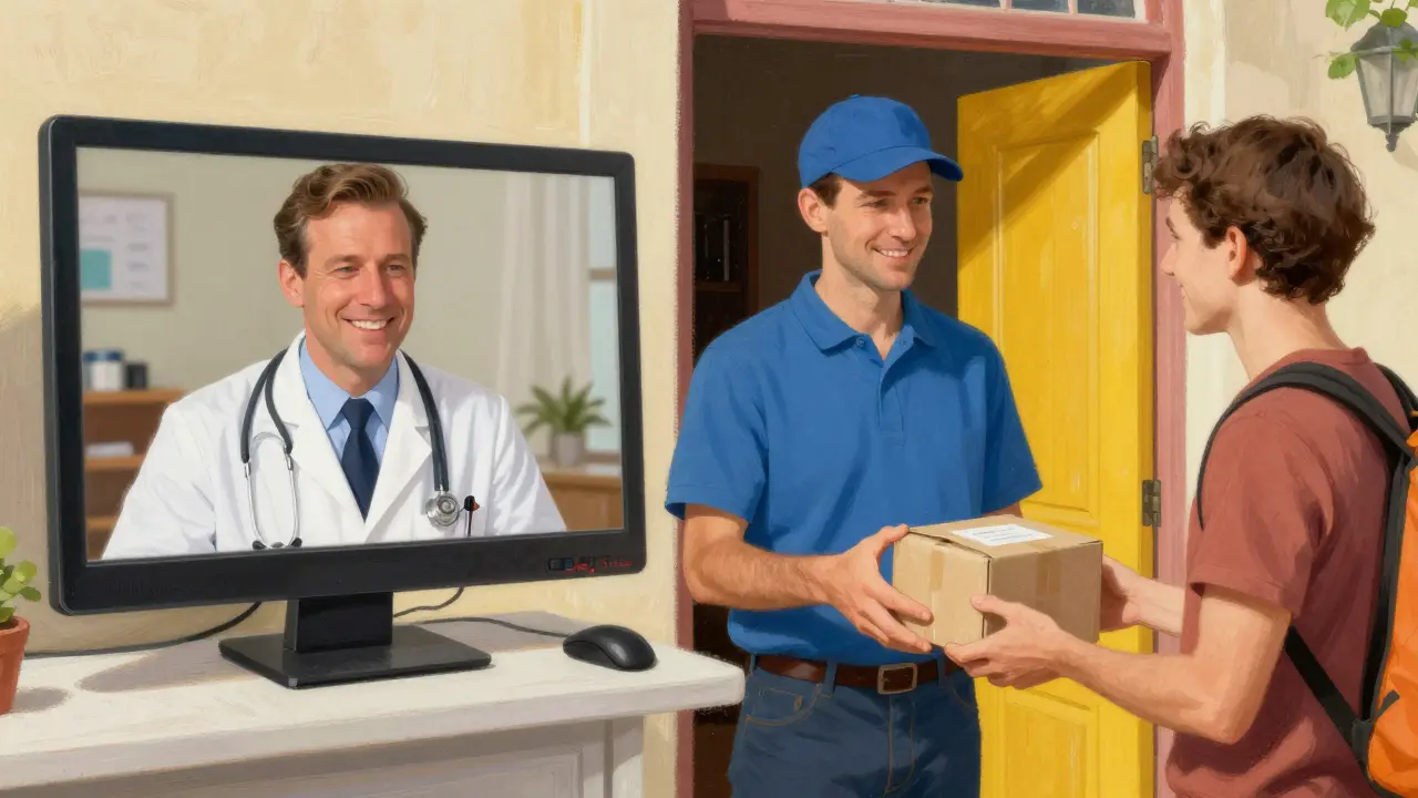 Consulto medico virtuale e consegna a domicilio di un pacchetto farmaceutico.
