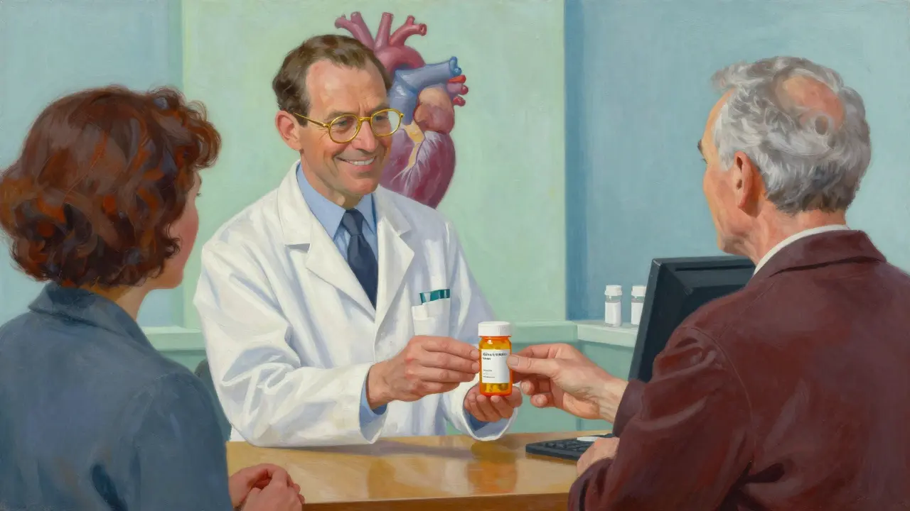 Farmacista che consegna un flacone di farmaco generico a un paziente.