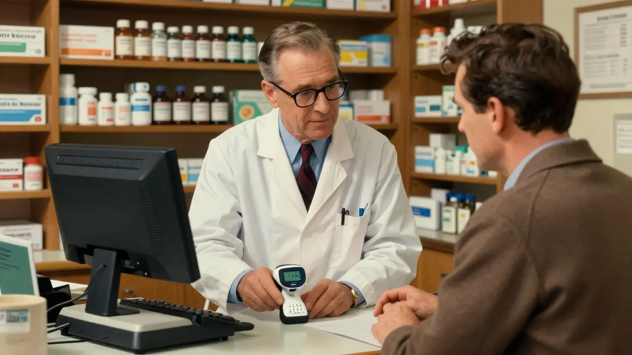 Farmacista che mostra al paziente come verificare il codice di un farmaco