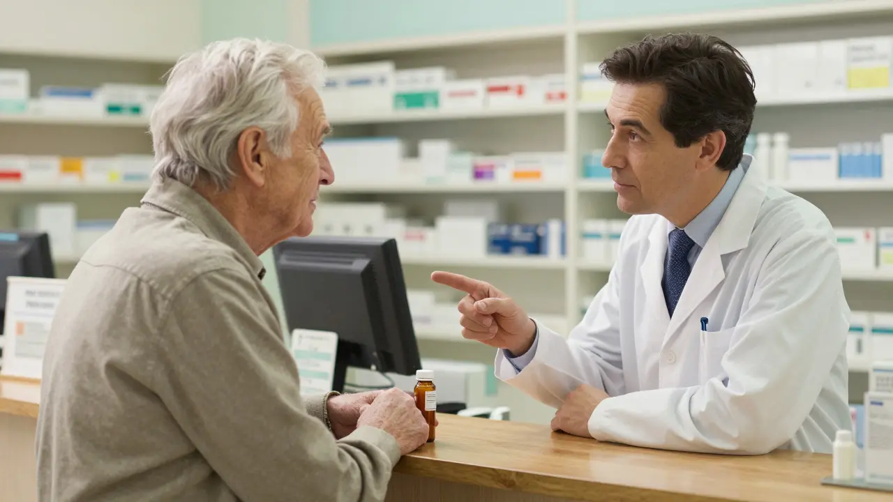Farmacista che spiega con gentilezza l'uso di un medicinale a un cliente anziano.
