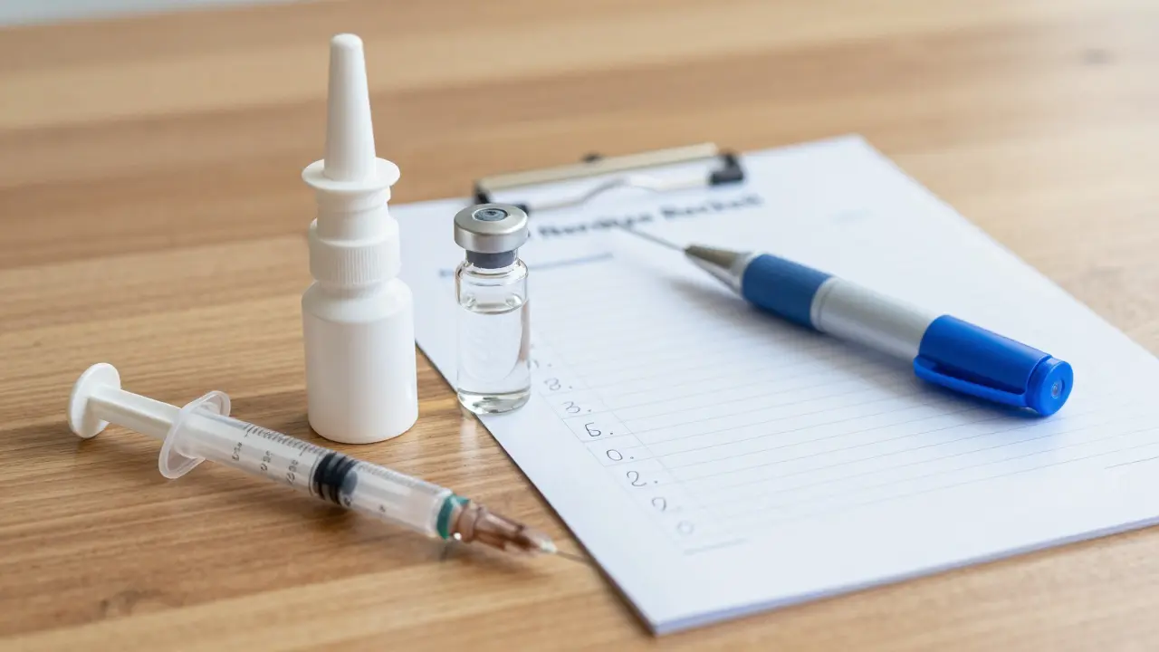 Kit di sicurezza con spray nasale, fiala e auto-iniettore su un tavolo di legno.