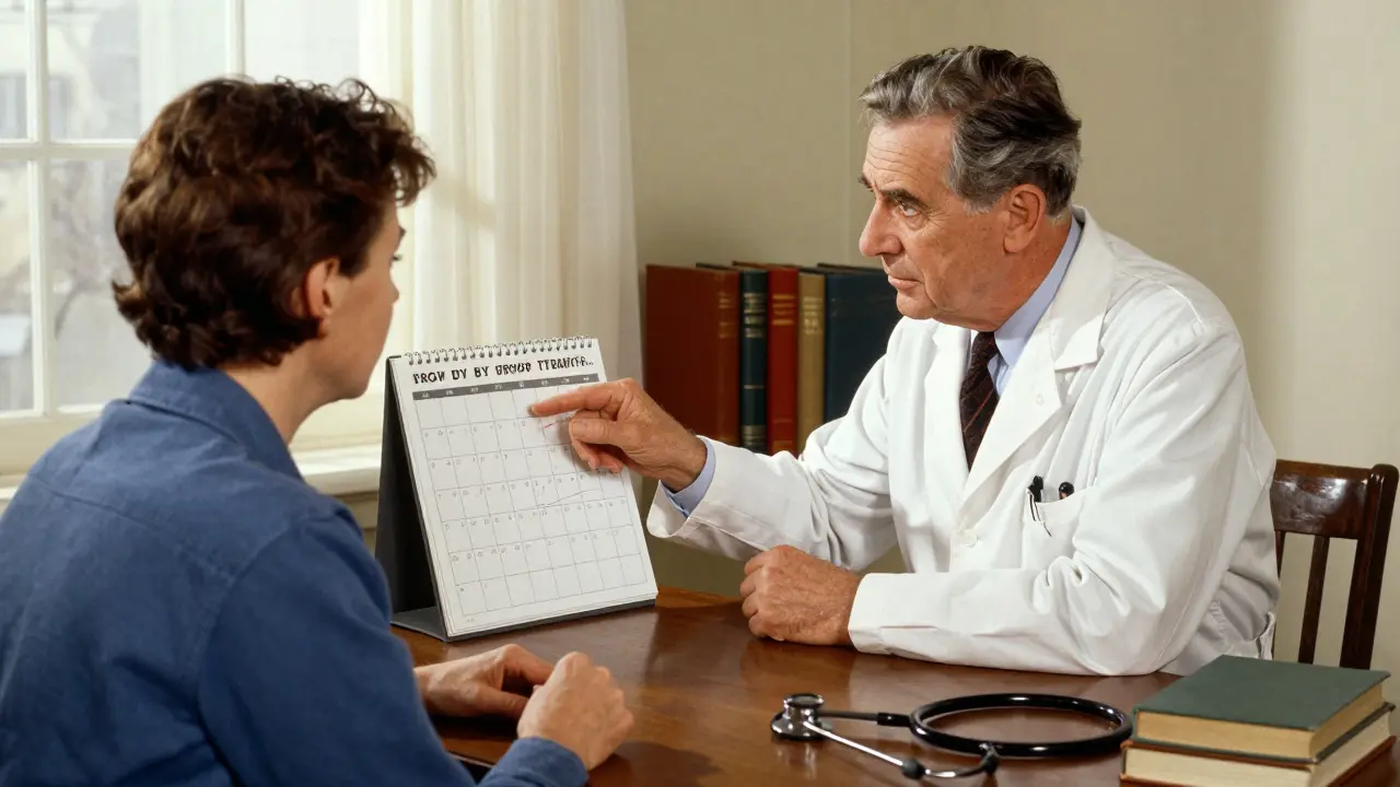 Medico che spiega a un paziente l'importanza della titolazione lenta dei farmaci in stile Rockwell.