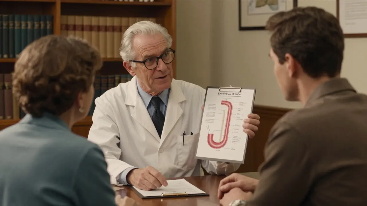 Medico che spiega i benefici e i rischi delle statine a un paziente.