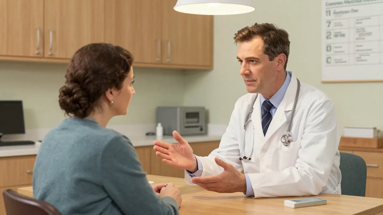 Medico e paziente discutono serenamente in una consulta illuminata.