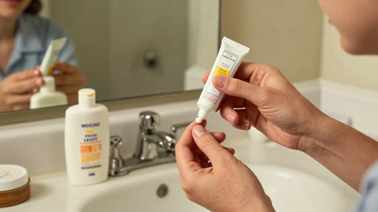 Persona che applica una piccola quantità di crema viso davanti allo specchio del bagno.