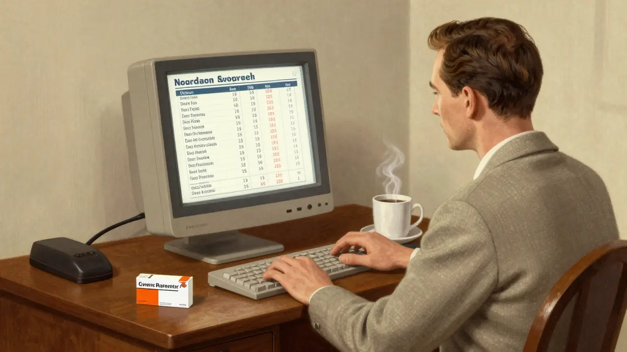 Persona che confronta i prezzi dei farmaci online su un computer.