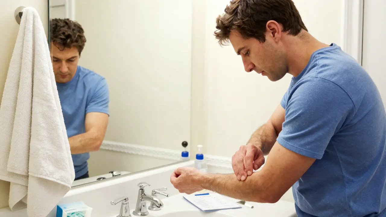 Persona che controlla attentamente la pelle davanti a uno specchio in stile Rockwell.