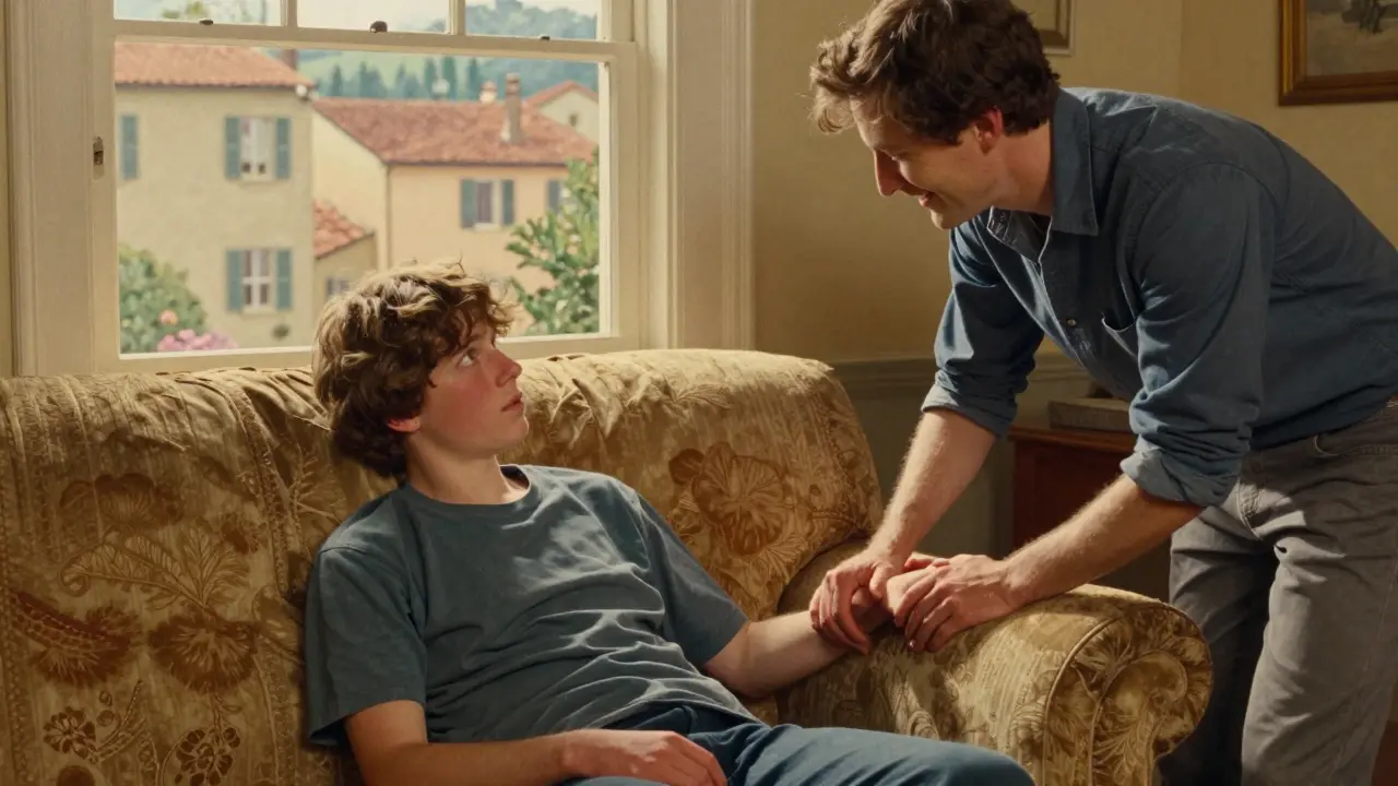 Persona che si risveglia dopo un soccorso, circondata da familiari sollevati.