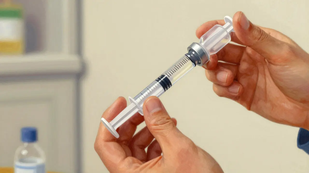 Primo piano di una siringa dosatrice che preleva con precisione una dose di farmaco.