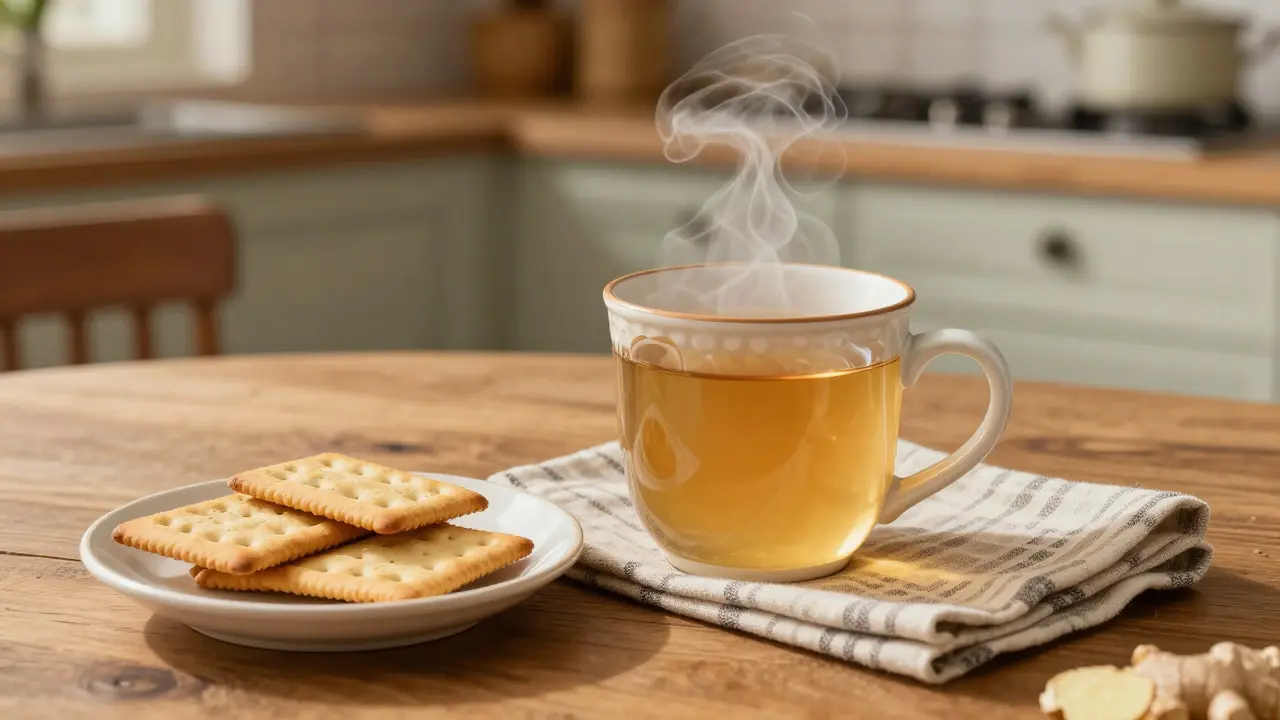 Tazzina di tè allo zenzero e cracker su tavolo da colazione calda.