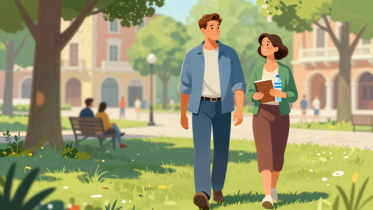 Uomo che cammina felicemente in un parco con la moglie dopo la cura.