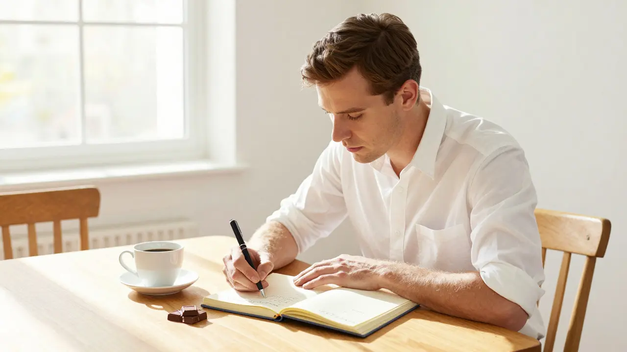 Uomo che tiene un diario alimentare per identificare i cibi che causano reflusso.