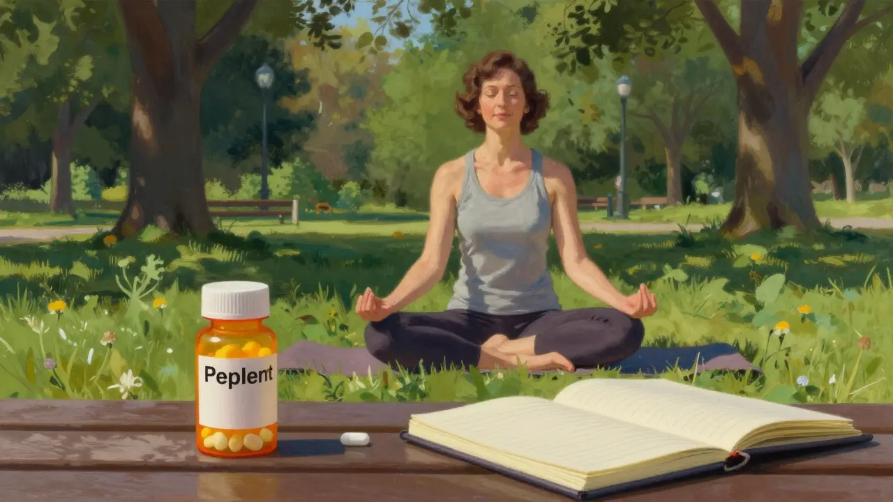 Donna che pratica mindfulness in un parco, simboleggiando salute mentale
