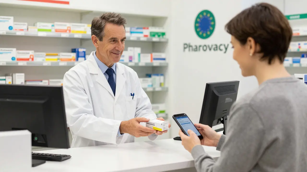 Farmacista che consegna farmaci a un cliente con ricetta digitale in Italia