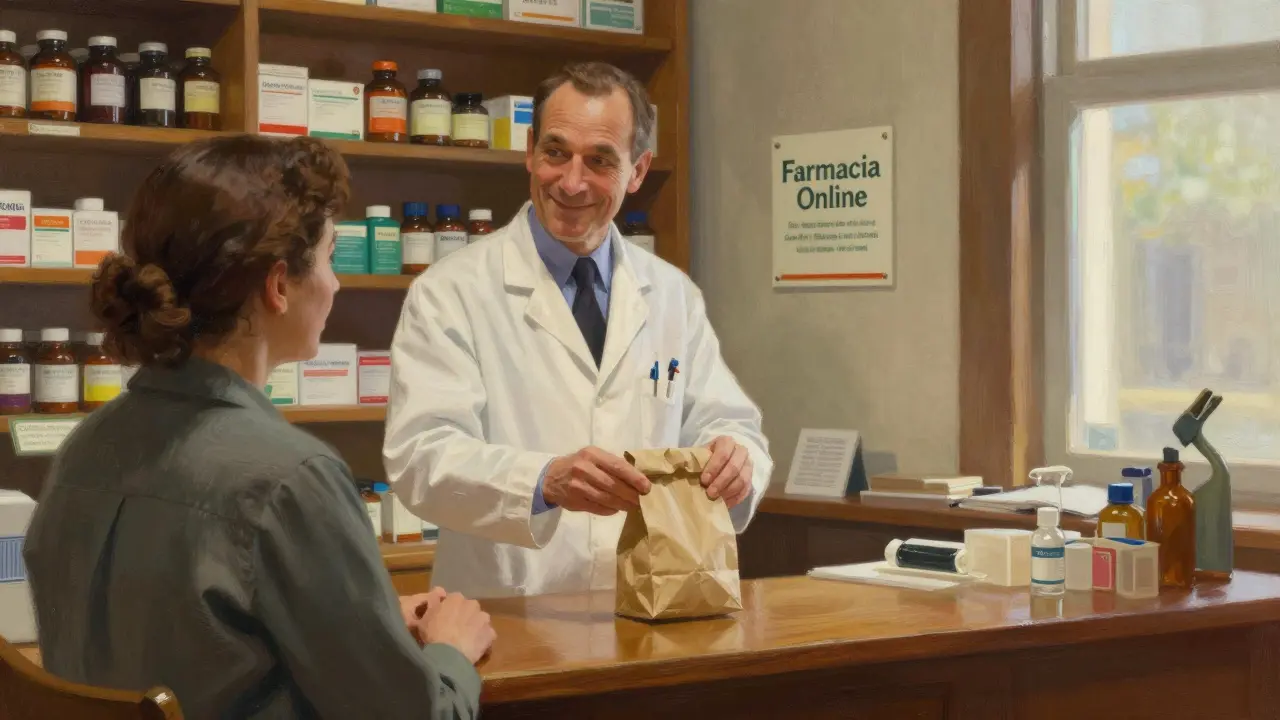 Farmacista che consegna farmaci in modo sicuro