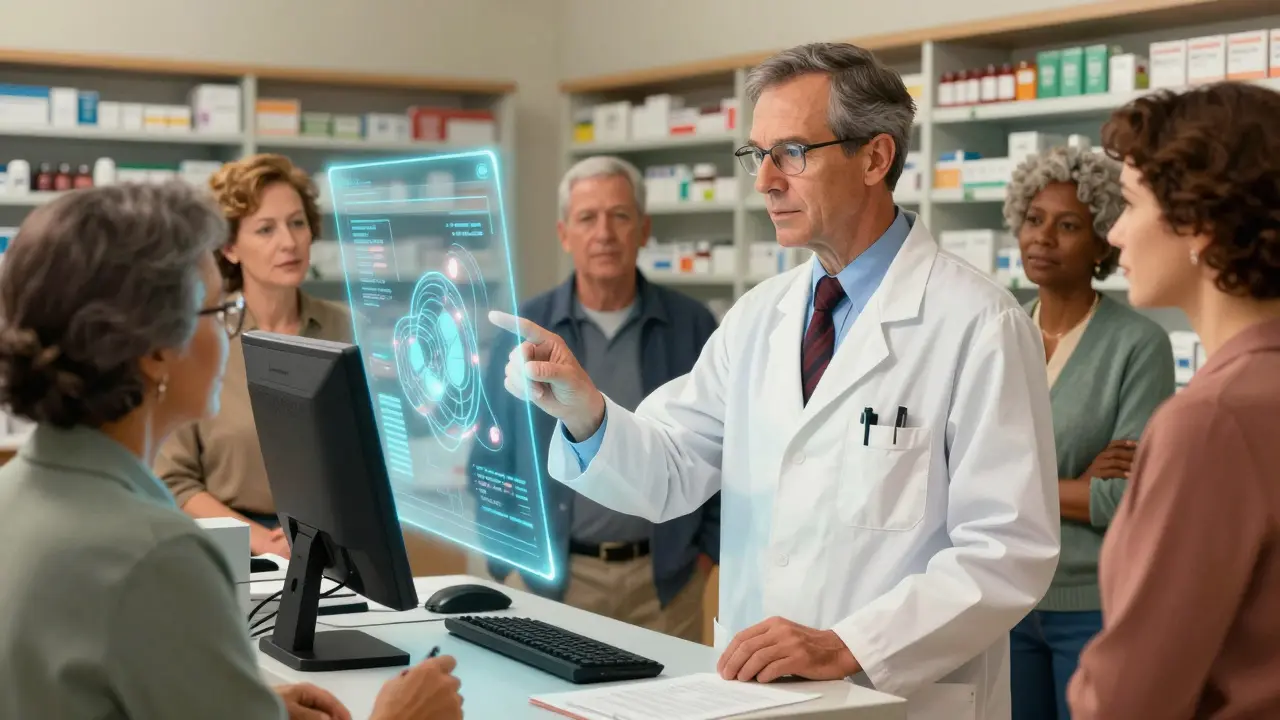 Farmacista che usa tecnologia AI per assistenza alle decisioni
