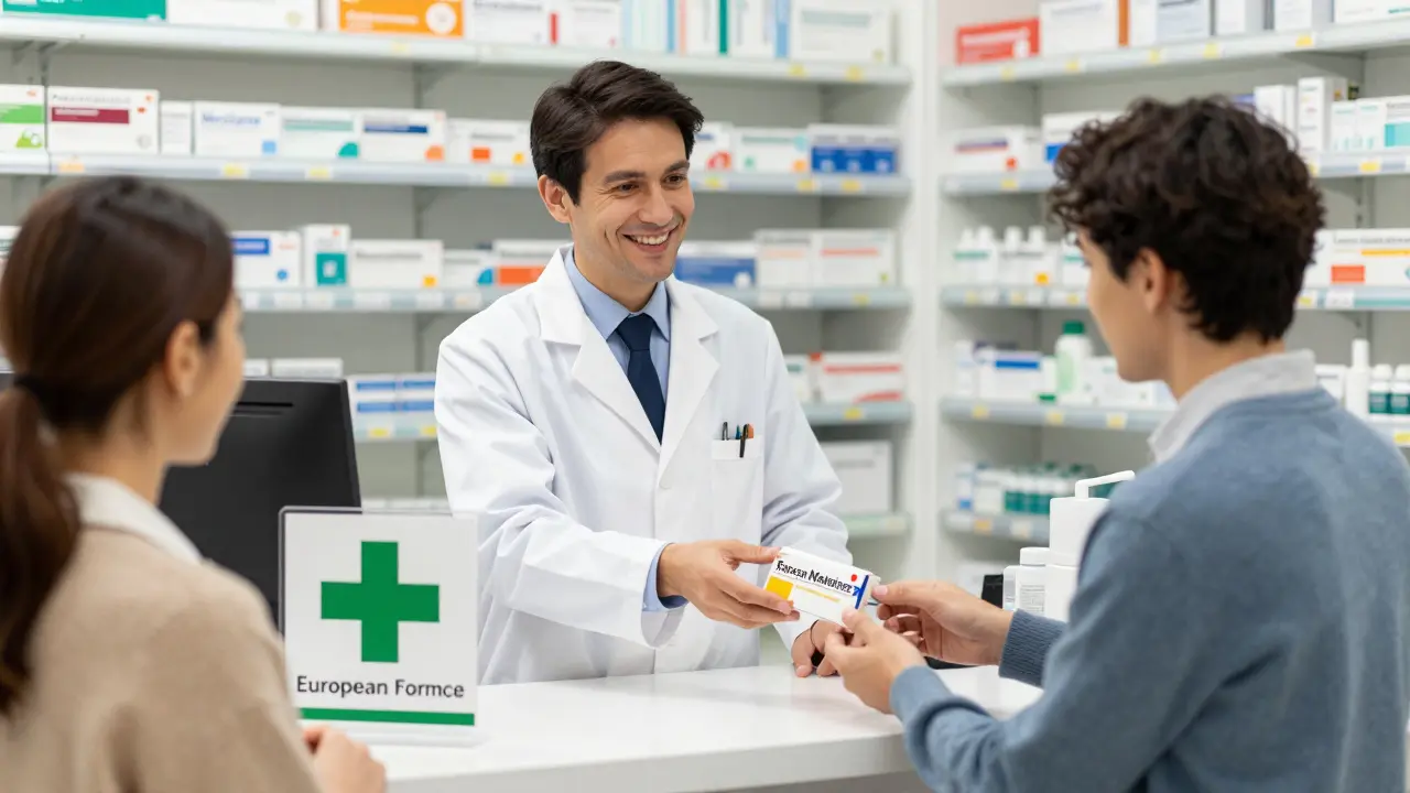 Farmacista consegna farmaci in modo sicuro e legale al cliente