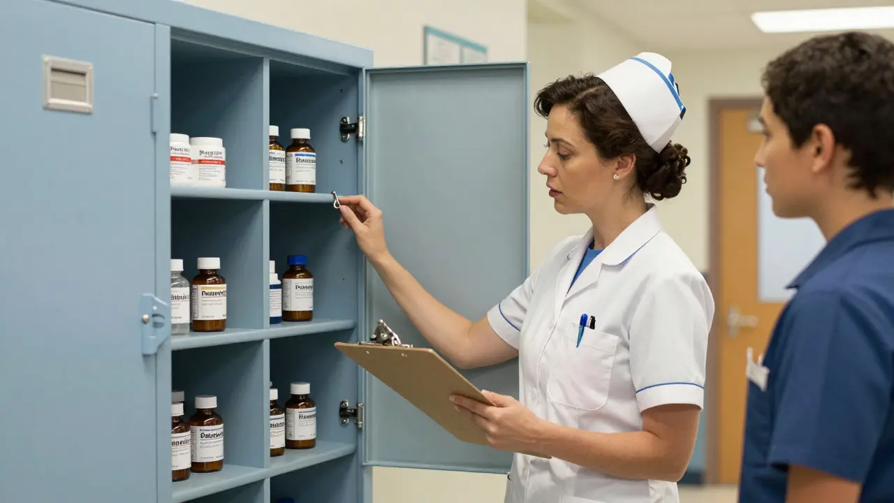 Infermiera che controlla lo stoccaggio sicuro dei farmaci