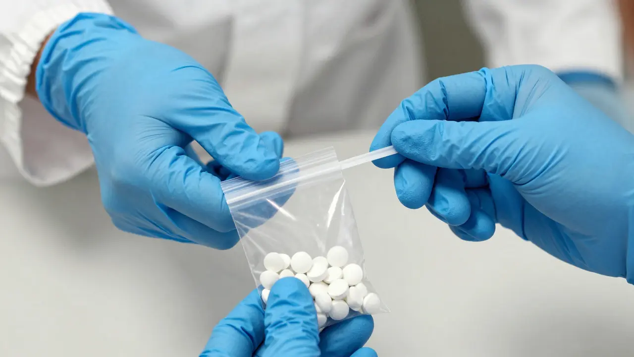 Mani con guanti sigillano compresse di chemio in sacchetti impermeabili