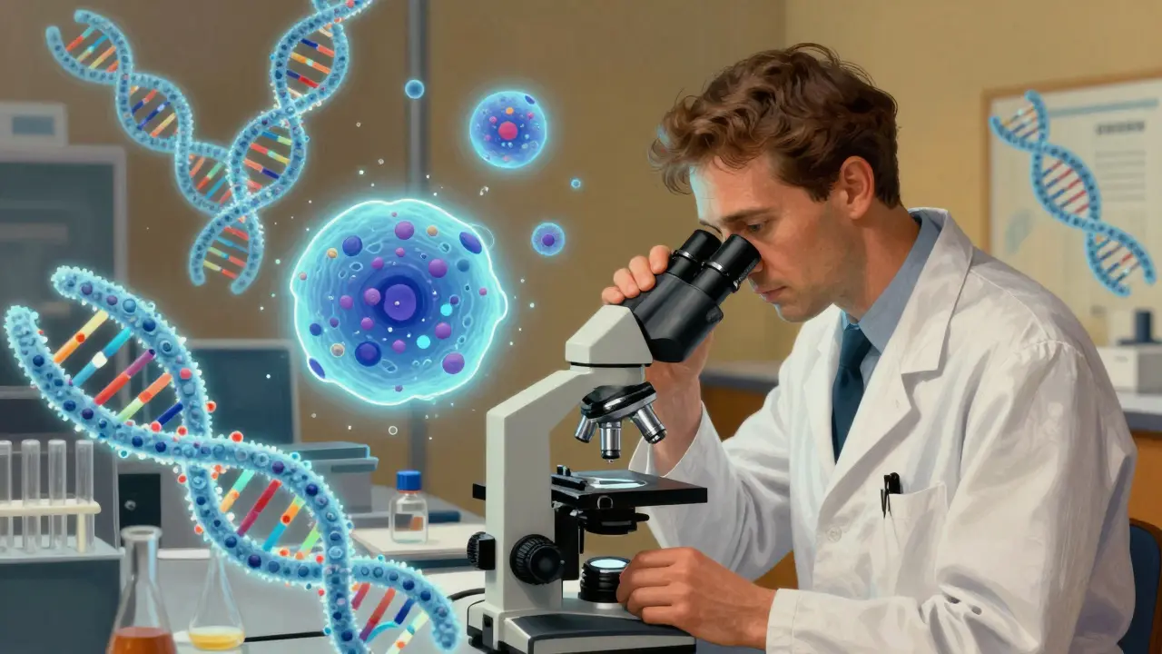 Patologo che analizza marcatori molecolari del tumore al microscopio