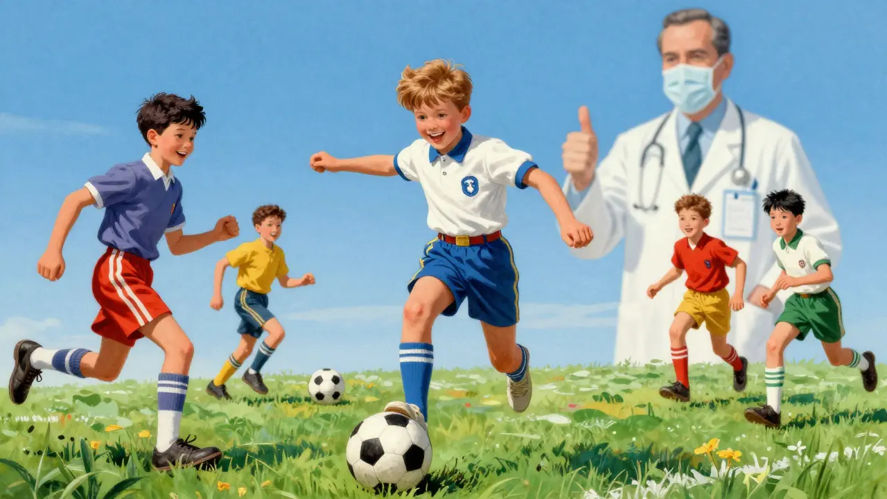 Bambino sano che gioca a calcio dopo aver superato la reazione