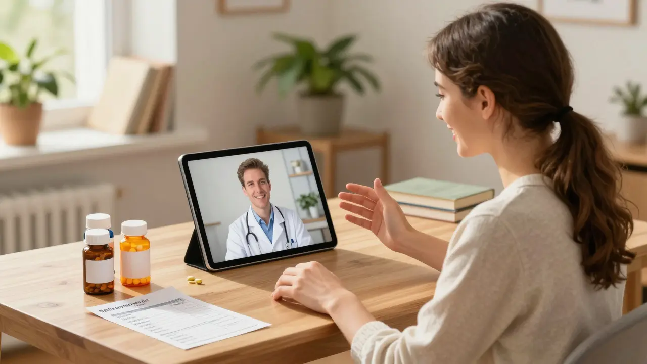 Donna felice in videochiamata con medico per ricetta online sicura
