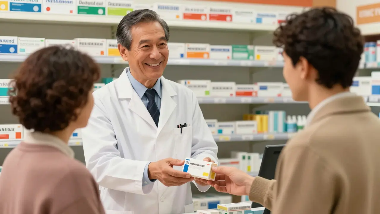 Farmacista affidabile che consegna medicinali al cliente in sicurezza